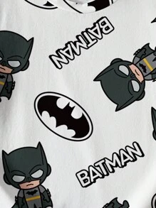 BATMAN X SHEIN 男童休闲蝙蝠与卡通图案圆领短袖T恤，夏季 - 白色 - 查看 5