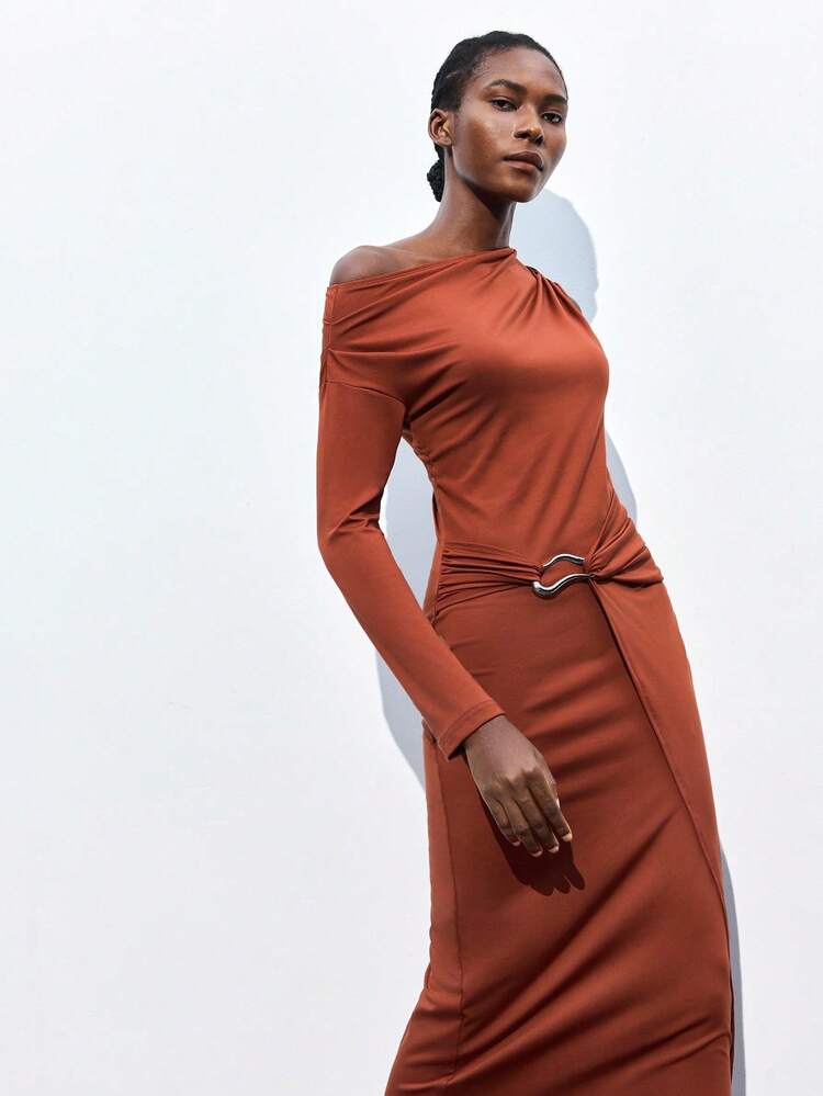 SHEIN Maija Robe longue à manches longues avec épaule asymétrique froncée de couleur unie, robes élégantes pour femmes pour l'automne, la croisière, les tenues de mariage, les fêtes, les tenues modestes, les robes de dîner en orange pour femmes