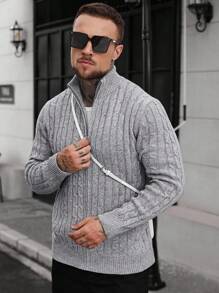 Manfinity CasualCool Men's Autumn/Winter Cable Knit Zip-Up Cardigan With Pockets, Long Sleeve Top