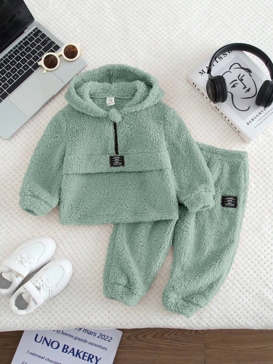 SHEIN 2pcs/Set Baby Boy Sage Green Furry Hoodie Sweatshirt And Elastic Waist Pants,Toddler Winter Clothing Set For Autumn,Modest Date Skiing Outdoor Wear - Green - View 1