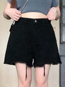 Dazy Plus 纯色牛仔不对称下摆磨边性感短裤 - 黑色 - 查看 4