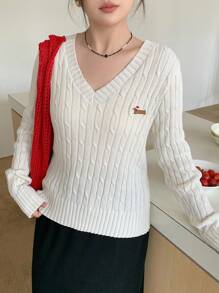 Dazy Plus Women Plus Fall Cartoon Dachshund Dog Embroidery V-Neck Cable Knit Slim Fit Long Sleeve Pullover Sweater, Spring/Autumn - Camel - View 16