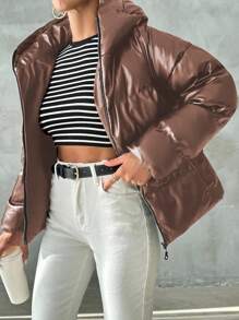 EURMUSE Ladies' Hooded Padded Coat - Brown - View 3