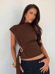 Aloruh Women's Stand Collar Coffee Color Metal Button Decor Office Shirt