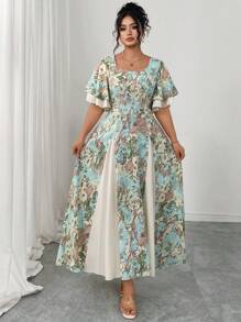 Modelyn Váy chữ A hai lớp tay lửng họa tiết tie-dye màu xanh lam cỡ lớn cổ vuông chắp vá màu mơ - Nhiều màu - Xem 5