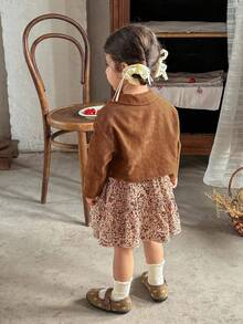 LMoss Kids Conjunto de 2 piezas de ropa de niña bebé con camisa corta casual de unicolor tejida y vestido camisero con estampado floral ditsy para otoño e invierno - Multicolor - Ver 2