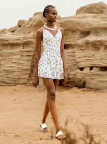 Lumivelle 女式印花弹力褶皱V领吊带背心迷你连衣裙/夏季沙滩裙 - 彩色 - 查看 6