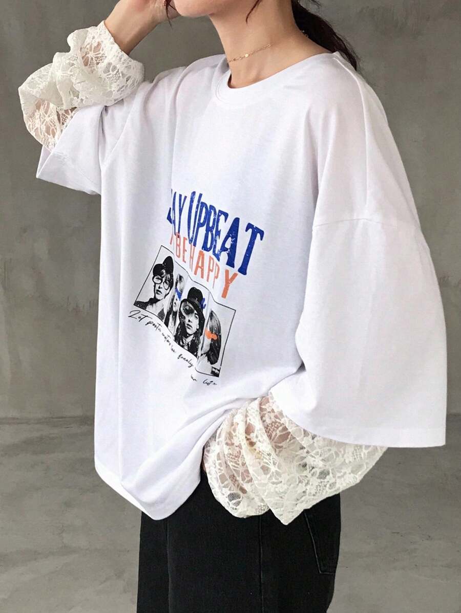 FRIFUL Women's White Round Neck Drop Shoulder Sheer Lace Patchwork Chest Print Loose Casual Versatile T-Shirt, Autumn - White - View 1