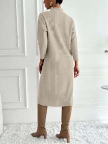 EURMUSE Women's Casual Solid Color Stand Collar Knit Dress, Autumn/Winter,Petite - Beige - View 2