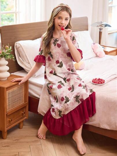 SHEIN V领雪纺拼布荷叶边花卉印花女童睡袍