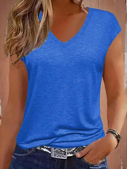 EMERY ROSE Women's Casual Solid Color V-Neck T-Shirt
