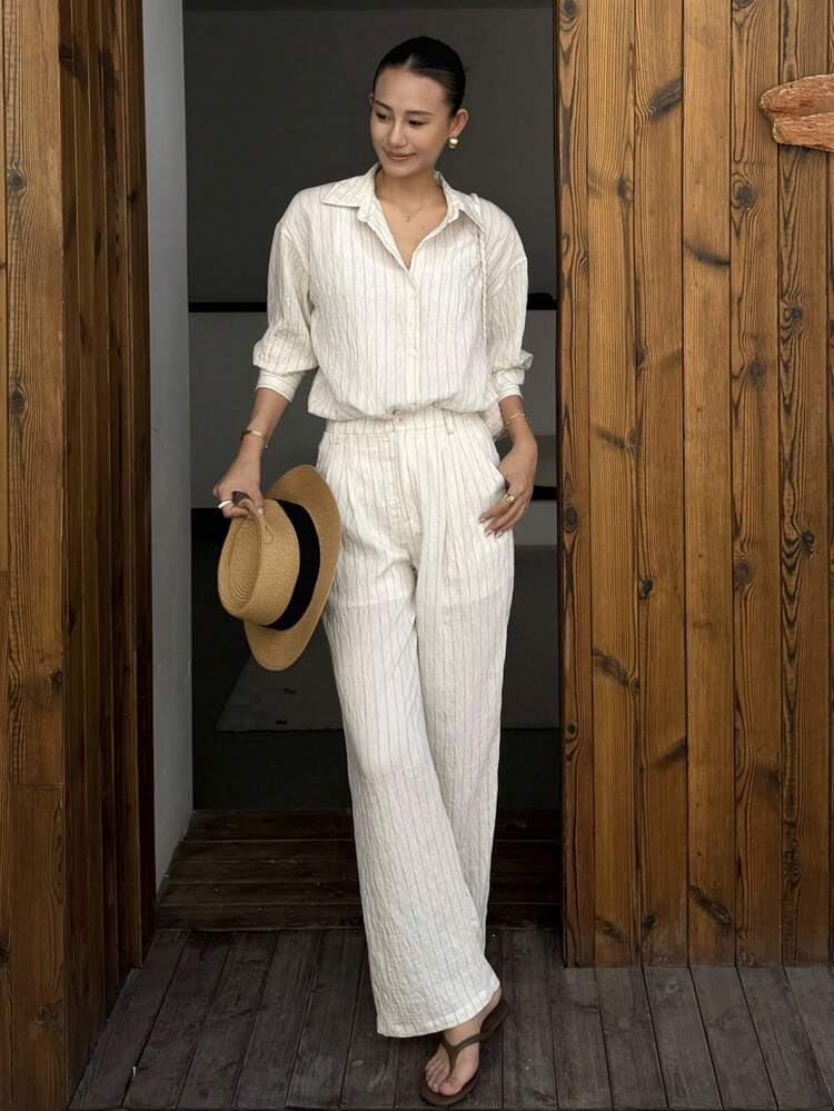 Women's Casual Striped Print Loose Fit Drop Shoulder Long Sleeve Shirt And Wide Leg Pants 2 Pieces Set, Spring/Autumn Lounge Sets For Women