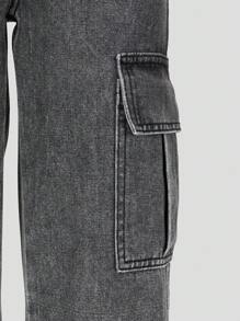 SHEIN 青少年女孩 Y2K 风格牛仔裤，新品上市，灰色水洗牛仔布工装口袋设计，时尚休闲日常百搭，松紧腰带拉链开合，青少年女孩牛仔裤 - 灰色 - 查看 7