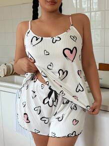 SHEIN Conjunto de pijama de camiseta de tirantes acanalada y pantalones cortos con estampado de corazones para mujeres de talla grande