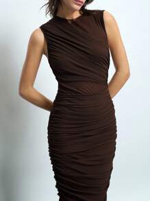 Maija Đầm nữ màu trơn thanh lịch, xếp ly eo, cổ tròn, không tay, ôm dáng, dài đến đầu gối, chất liệu hơi xuyên thấu, thích hợp cho tiệc tùng, Tết Nguyên đán, trang phục thu thanh lịch, đồ nữ, đầm màu nâu. - màu nâu - Xem 2