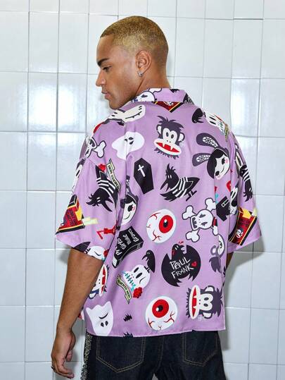 Paul Frank X ROMWE Camisa casual de manga corta con botones y estampado de dibujos animados para hombre, de verano