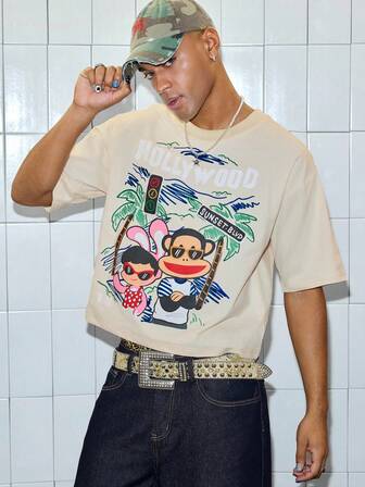 Paul Frank X ROMWE Camiseta de manga corta con estampado de mono de dibujos animados para hombre en verano