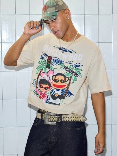 Paul Frank X ROMWE Herren Sommer Cartoon Affen bedrucktes Kurzarm T-Shirt