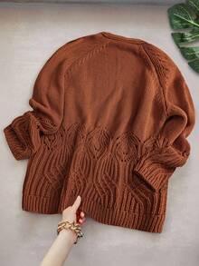 EMERY ROSE Halloween Plus Size Elegant Casual V-Neck Solid Color Long Sleeve Loose Regular Cardigan Top Fall Winter Cloth For Women Autumn - Brown - View 4