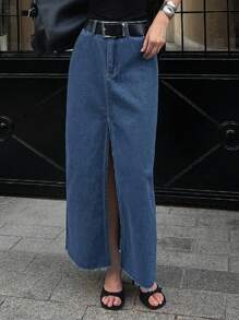 DAZY 女士休闲水洗牛仔开衩半身裙 - 藍色 - 查看 3