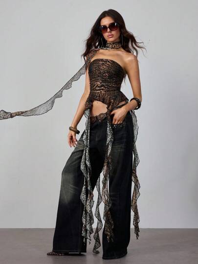 Hippie Top fasciato asimmetrico con stampa zebrata di stile Y2K per donna