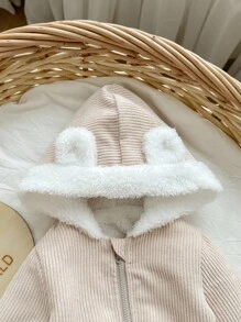 SHEIN Newborn Baby Girl Cute Versatile Pink Corduroy Hooded Jacket, Autumn/Winter Baby Bear Jacket Baby Hooded Cardigan Baby Girl Cute Sweater Jacket Winter Baby Girls Clothes Toddler Winter Jacket Fall