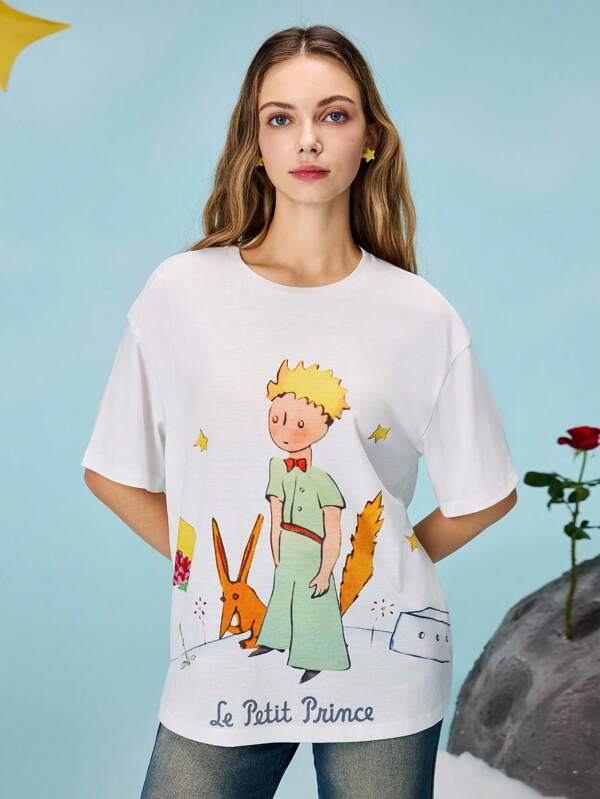 LE PETIT PRINCE X SHEIN Women's Casual Cartoon Pattern Round Neck Short Sleeve T-Shirt, Summer
