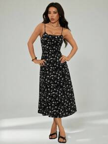 SHEIN PETITE Black Woven Floral Women Camisole Dress