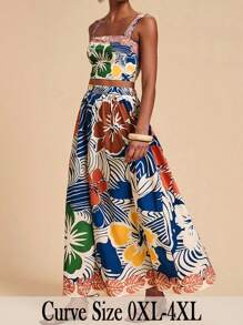 SHEIN VCAY Set da donna taglie forti composto da top a canotta con stampa tropicale colorata abbinato a gonna lunga e ampia a maxi per l'estate, 2 pezzi - Multicolore - Visualizzare 1