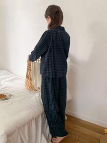 Hapijoa Tween Girl Plaid Long Sleeve & Long Pants Pajama Set - Navy Blue - View 5