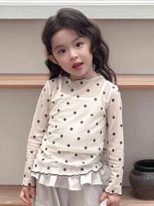 Dazy Kids 少女圆领长袖波点印花T恤 - 杏色 - 查看 3