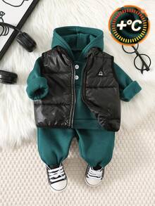 SHEIN 新生男婴/女婴三件套：连帽长袖半拉链套头衫、带袖口的裤子和无袖背心男婴冬季套装 - 彩色 - 查看 5