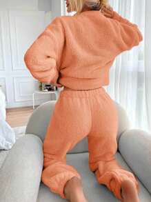 RueChic Solid Drop Shoulder Teddy Pullover & Pants - Orange - View 2