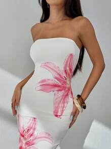 SHEIN PETITE Women's Elegant Floral Print Strapless Dress, Summer