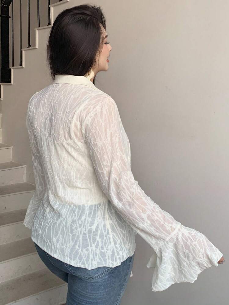 Dazy Plus Plus Size Women Textured Lace Collar Fitted Flare Sleeve Tie-Up Cropped Top Long Sleeve Women Tops