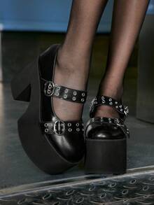 Sugerpunk Damen High Heel Mary Jane Pumps, Punk-Stil mit Metallnieten und Schnallen-Design, schwarze Plateau-Keilabsätze geeignet für Party, Alltag, Abendkleid, Größenzuwachs und Beinverlängerung, bequem und vielseitig