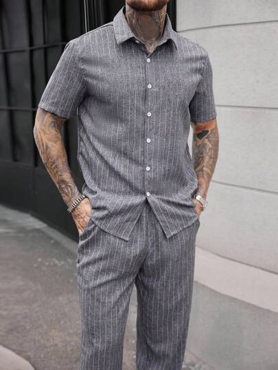 Manfinity CasualCool Men's Casual Striped Print Shirt & Pants Set,Men Summer Set,Men Summer Outfits,Men Summer Clothes,Men 2 Piece Set,Men's Casual Wear And Minimalism Are Versatile For Daily Commuting Trips