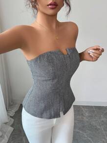 Chiquease Casual Sexy Open Front Zip Up Herringbone Texture Women Crop Top - Black and White - View 6