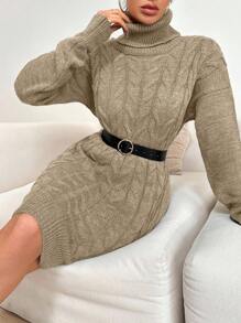 EURMUSE 棉质中长款女式针织上衣，采用复杂花卉针织，翻领，腰带和不对称下摆 - 駝色 - 查看 1