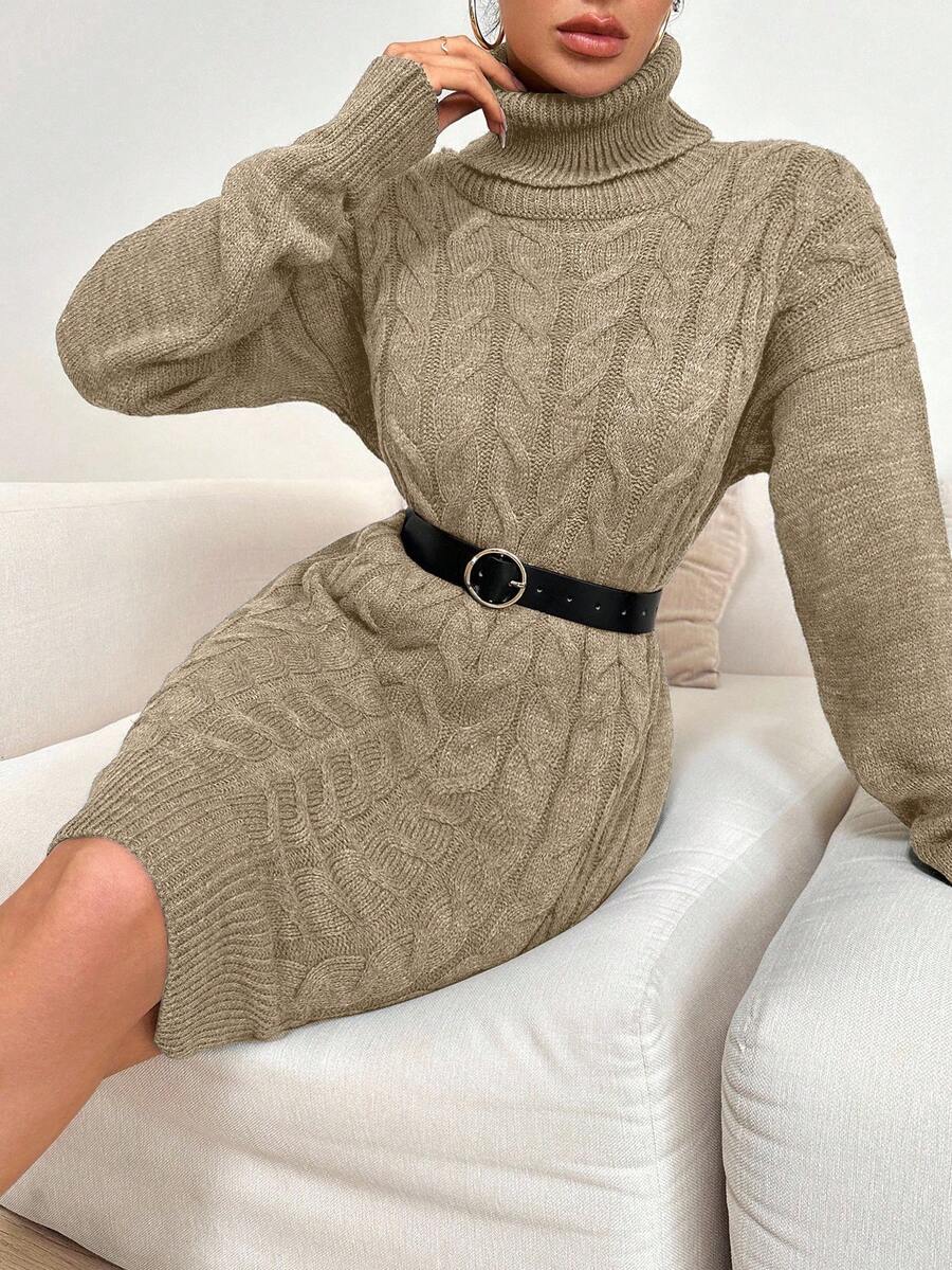 EURMUSE 棉质中长款女式针织上衣，采用复杂花卉针织，翻领，腰带和不对称下摆 - 駝色 - 查看 1