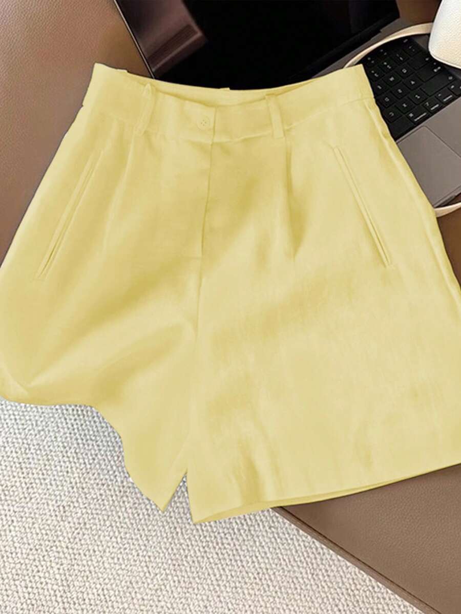 Airaco Quần short ống rộng màu trắng dành cho nữ, quần short thường ngày cạp cao giúp thon gọn, mùa hè - Màu vàng - Xem 1