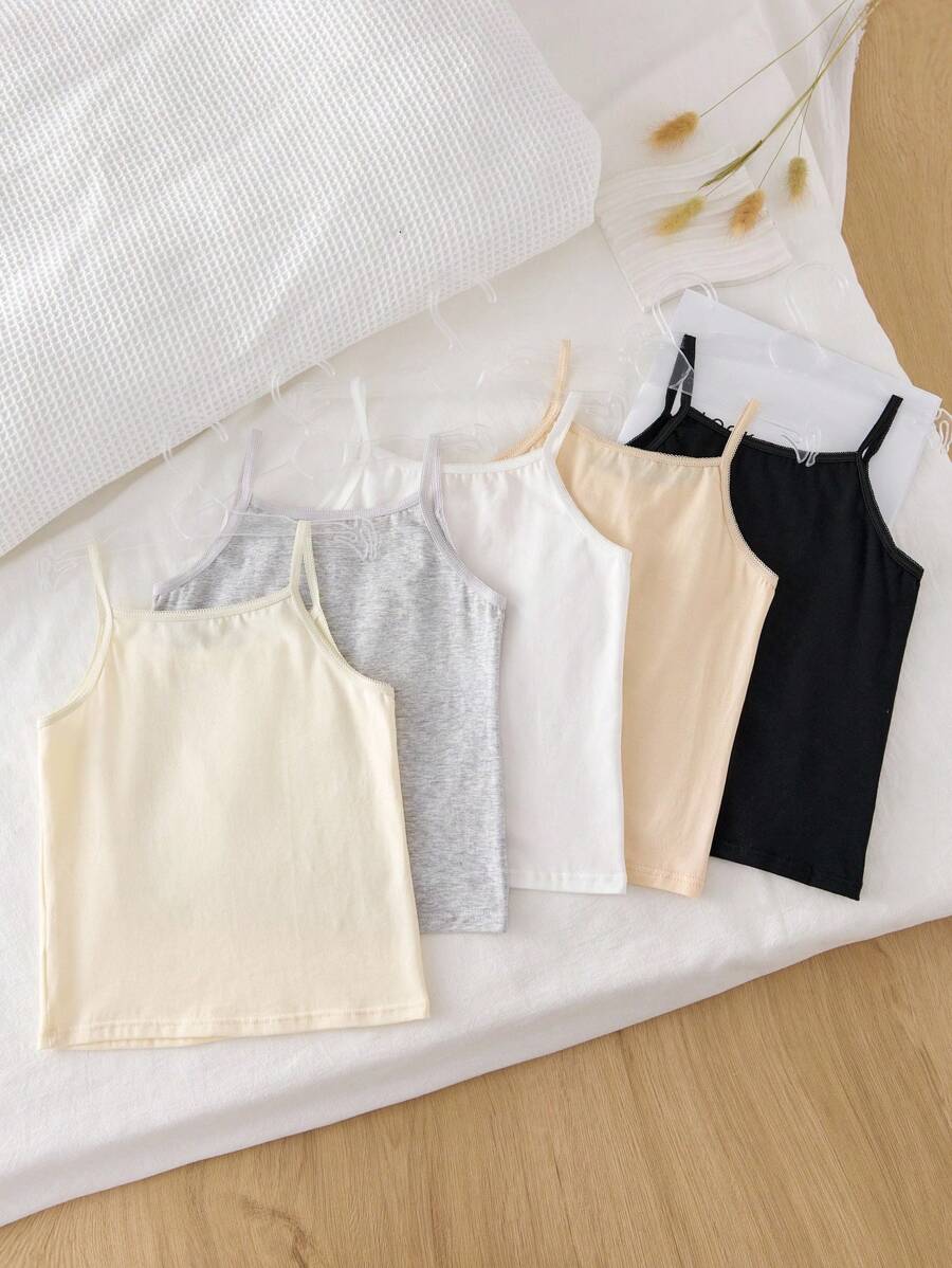 5pcs/Set Girls Assorted Color Minimalist Sweet Sports Soft Cotton Comfortable Camisole Undershirt, Can Be Worn Inside Or Outside, Suitable For Dancing Fall Winter