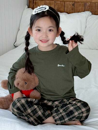 DAZY 女童长袖上衣和格子裤睡衣套装秋冬