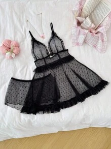 PetitDoll 2pcs/Set Women Polka Dot Mesh Ruffle Hem Camisole Sleepwear Set, Going Out - Black - View 6