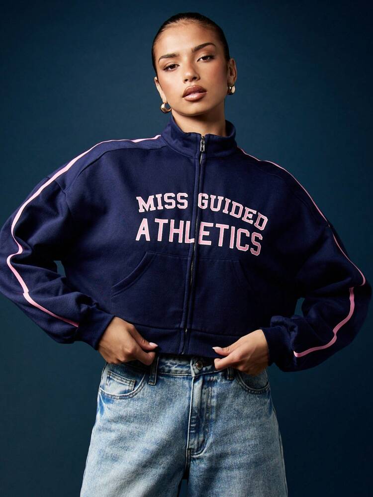 MISSGUIDED Cropped Zip Through Sweatshirt With Varsity Letters