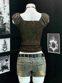 EgrlEra Blusa con cuello de volantes con estampado floral vintage, camisa de mujer elegante de estilo francés con pliegues ajustados