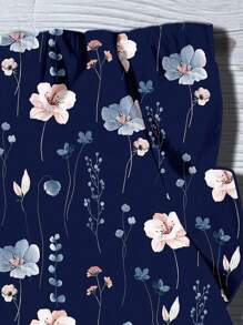EMERY ROSE Plus Size V-Neck Ruffle Sleeve Printed Casual Blouse, Suitable For Summer Autumn And Winter,Back To School Chic Blouses For Women - Navy Blue - View 4
