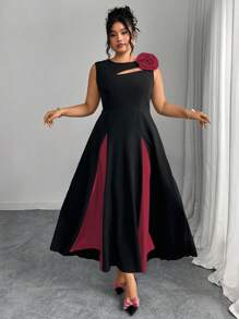 Modelyn Váy chữ A cổ tròn màu đen họa tiết hoa 3D màu hồng cỡ lớn - Nhiều màu - Xem 4