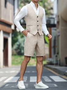 Manfinity Mode 男士V领无袖纽扣背心和修身连衣裙短裤套装男士夏季服装男士夏季西装男士亚麻服装亚麻夏季服装男士男士度假服装 - 杏色 - 查看 6