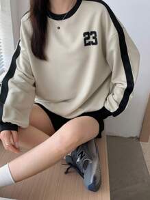 SHEIN 少女超大圆领运动衫，麻灰色，宽松版型，学院风运动休闲运动衫，数字印花，长袖简约运动上衣，适合返校季穿着，超大码